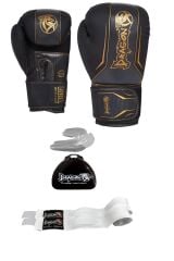 Dragon Legacy Boks Kıck Boks Muay Thai Eldiveni Double dişlik ve beyaz bandajlı 3lü set Gifttoom
