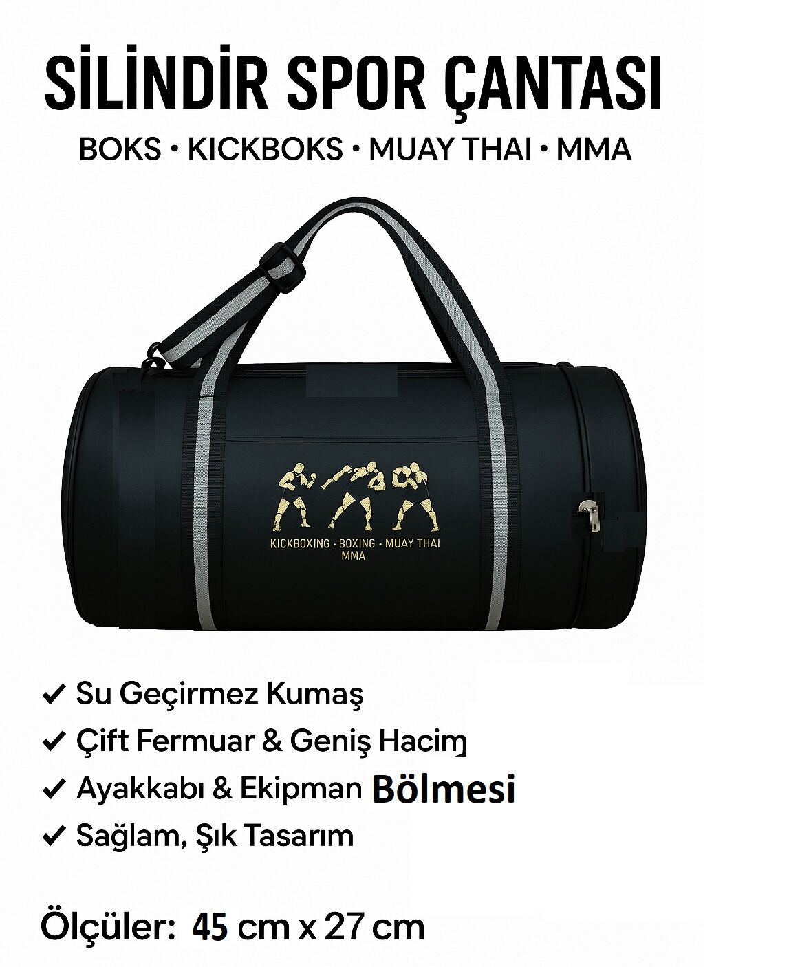 Orijinal Unisex  Kıck Boks Çantası Önü Fermuarlı Uzun Askılı Seyahat Gym Fitness Spor Çantası