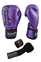 Dragon Favela Boks Eldiveni, Muay Thai Boxing Gloves Mor Ve 3,5 Metre Elastik Bandaj