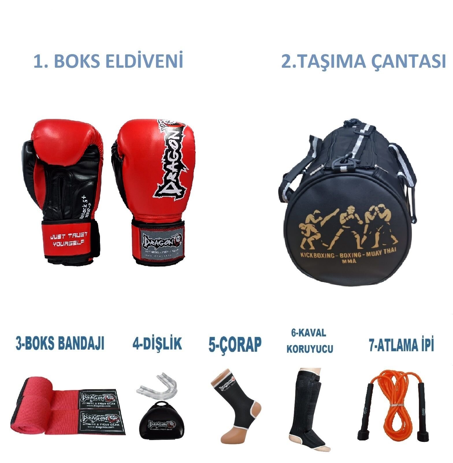 Gifttoom, Kıck Boks Sporcu Çantalı Antrenman Seti Boxing Gloves, Attack 5 Dragon Boks Eldiveni TAMSET