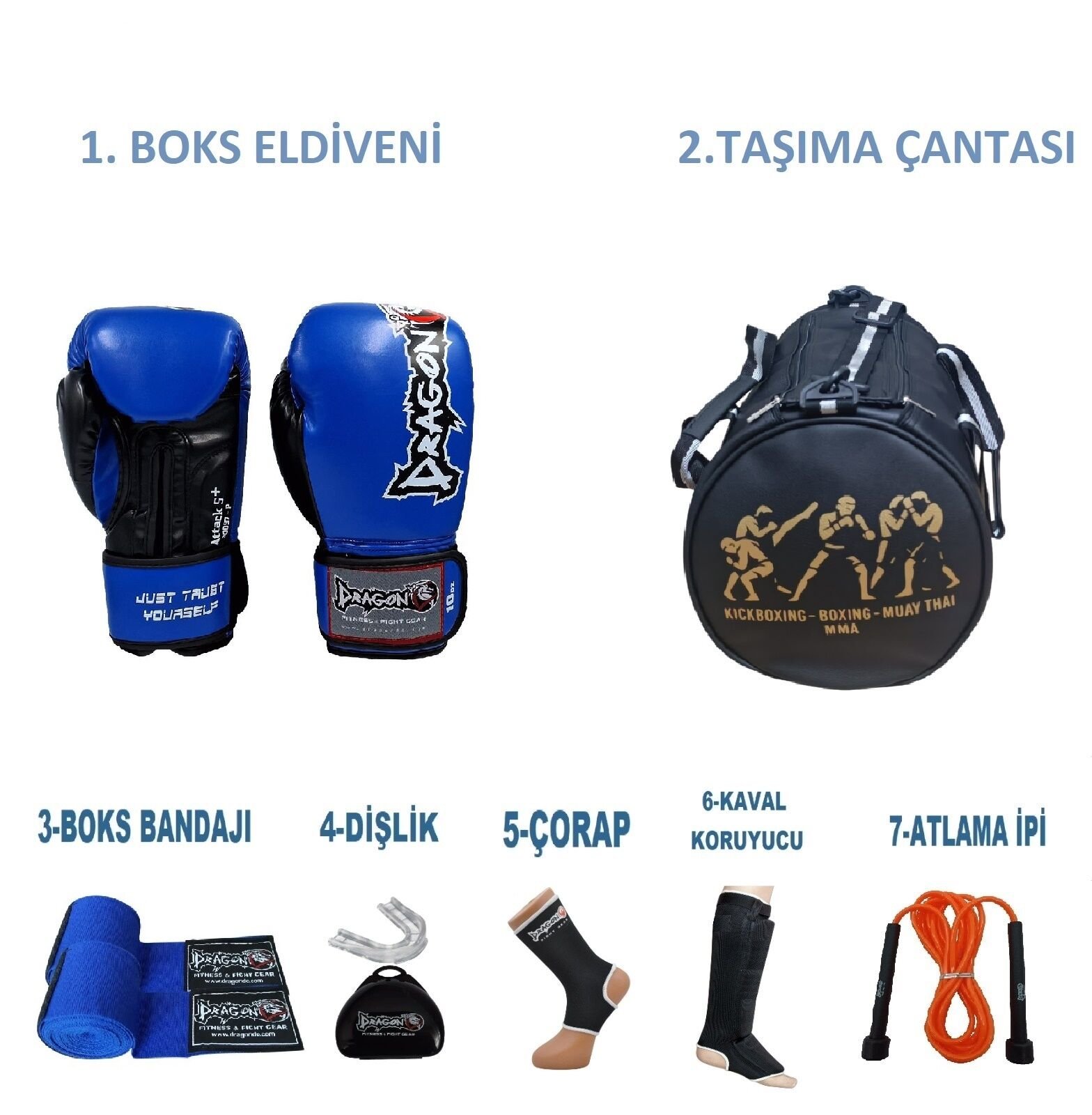 Gifttoom, Kıck Boks Sporcu Çantalı Antrenman Seti Boxing Gloves, Attack 5 Dragon Boks Eldiveni TAMSET mavi