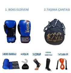 Gifttoom, Kıck Boks Sporcu Çantalı Antrenman Seti Boxing Gloves, Attack 5 Dragon Boks Eldiveni TAMSET mavi