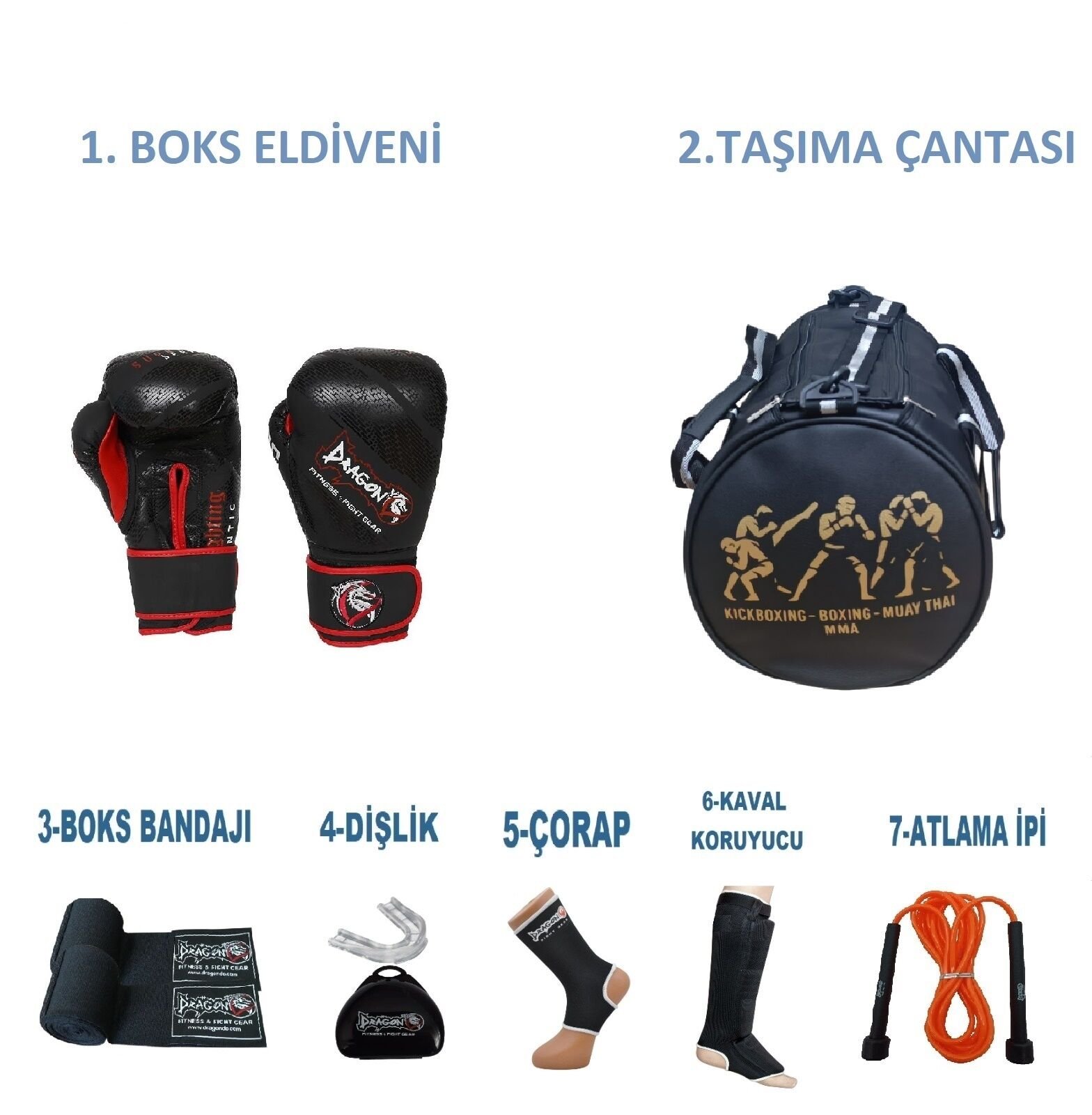 Gifttoom, Kıck Boks Sporcu Çantalı Antrenman Seti Boxing Gloves, Supreme Deri Dragon Boks Eldiveni TAMSET