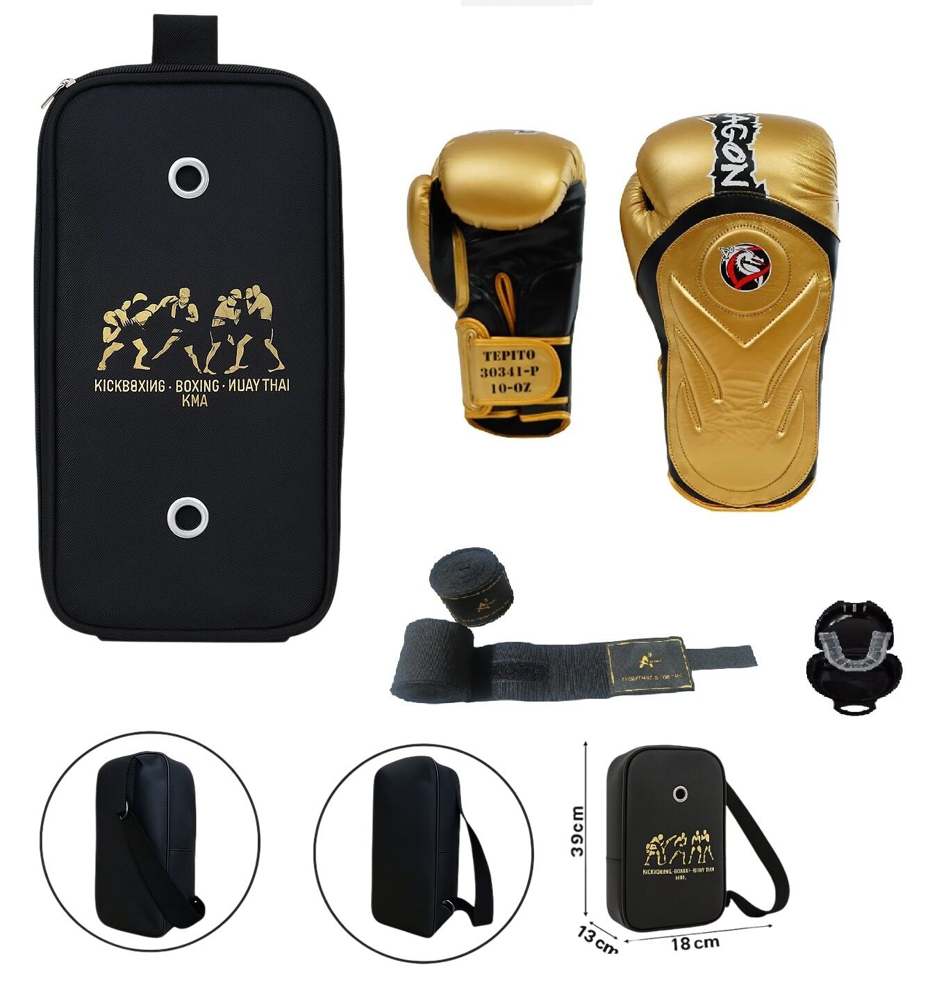 Tepito Altın Siyah Boks Eldiveni Kick Boks Muay Thai Eldiveni 3'lü Set ve Eldiven Taşıma Çantalı