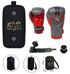 Tepito Gri Kırmızı Boks Eldiveni Kick Boks Muay Thai Eldiveni 3'lü Set ve Eldiven Taşıma Çantalı