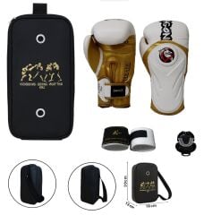 Tepito Beyaz Altın Boks Eldiveni Kick Boks Muay Thai Eldiveni 3'lü Set ve Eldiven Taşıma Çantalı