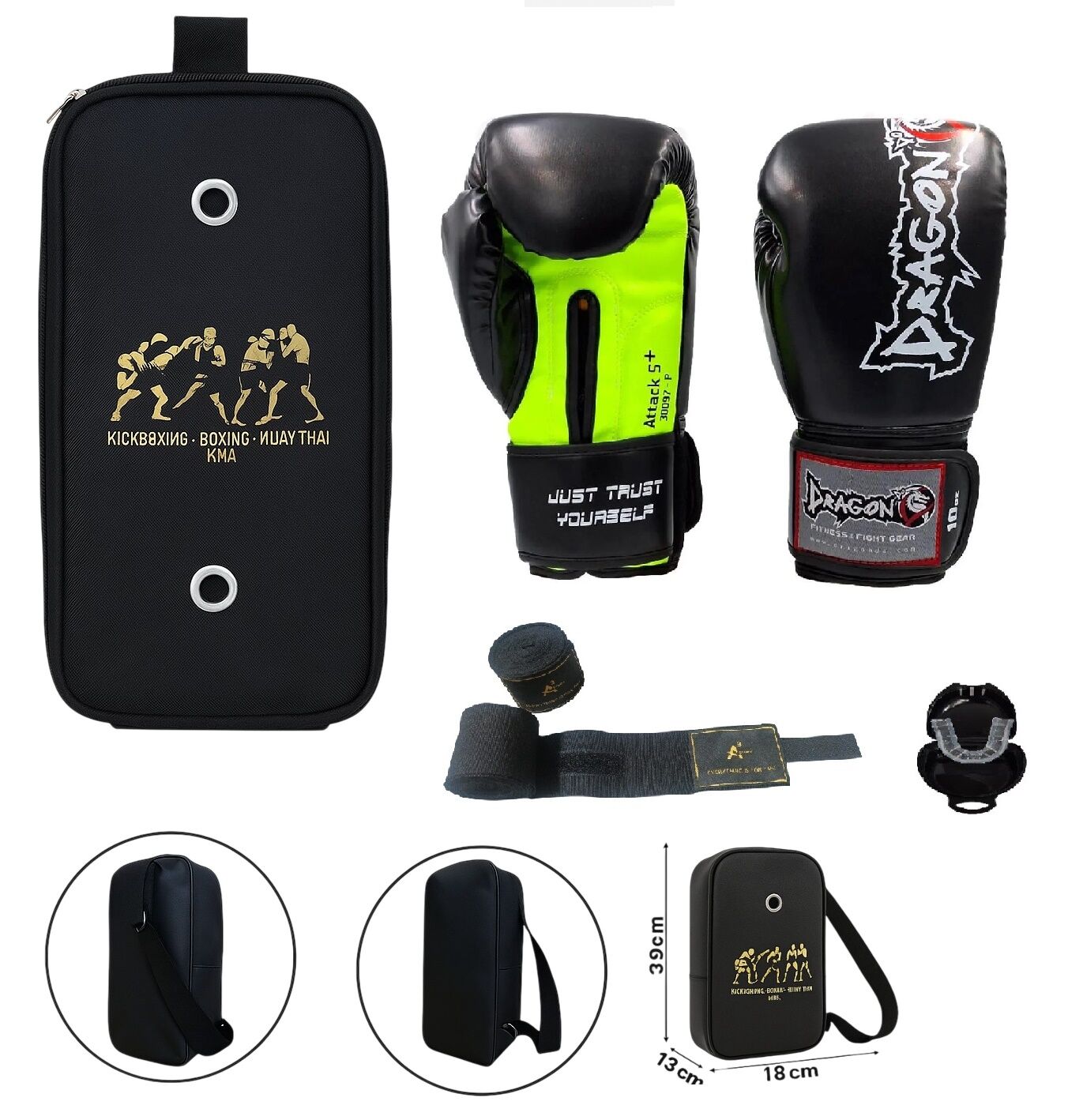 Attack 5 + Siyah Boks Eldiveni Kick Boks Muay Thai Eldiveni 3'lü Set ve Eldiven Taşıma Çantalı