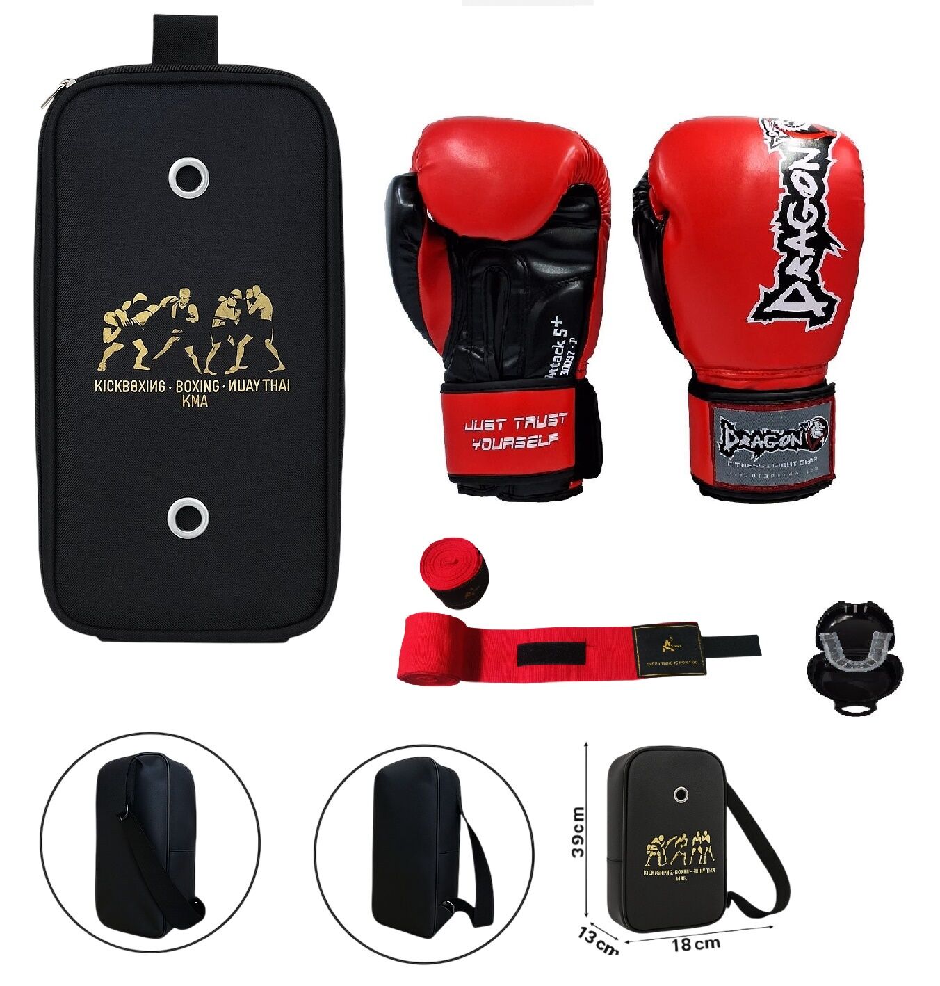 Attack 5 + Kırmızı Boks Eldiveni Kick Boks Muay Thai Eldiveni 3'lü Set ve Eldiven Taşıma Çantalı