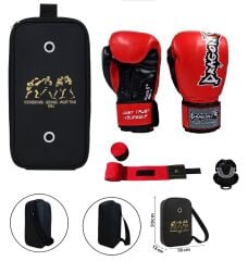 Attack 5 + Kırmızı Boks Eldiveni Kick Boks Muay Thai Eldiveni 3'lü Set ve Eldiven Taşıma Çantalı