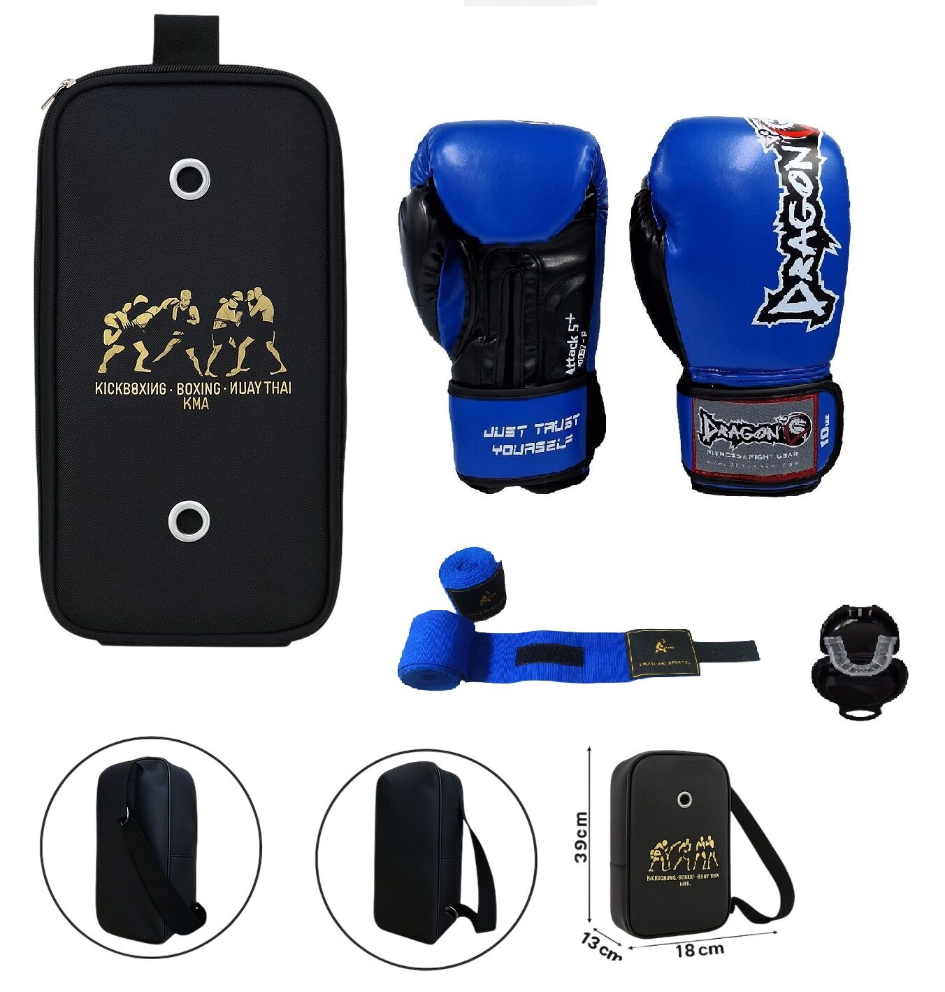 Attack 5 + Mavi Boks Eldiveni Kick Boks Muay Thai Eldiveni 3'lü Set ve Eldiven Taşıma Çantalı