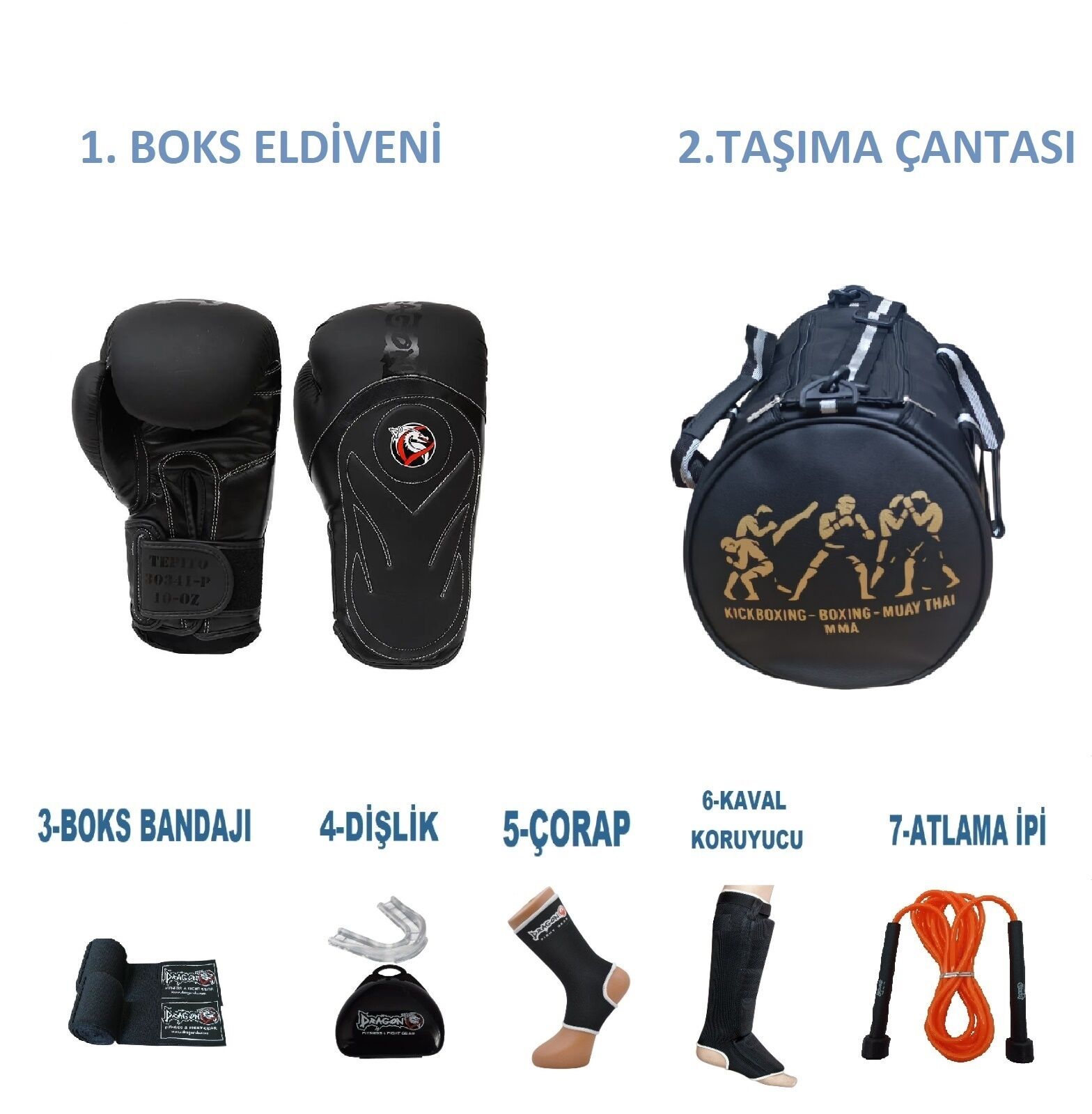 Dragon Kıck Boks Sporcu Çantalı antrenman Seti Boxing, Dragon Tepito Boks Eldiveni ve Ekipmanı siyah