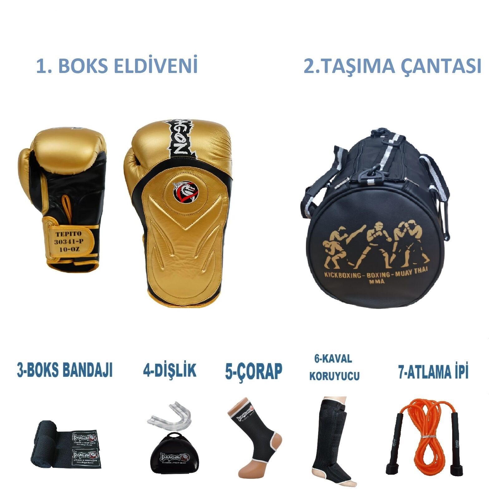 Dragon Kıck Boks Sporcu Çantalı antrenman Seti Boxing, Dragon Tepito Boks Eldiveni ve Ekipmanı Siyah Altın