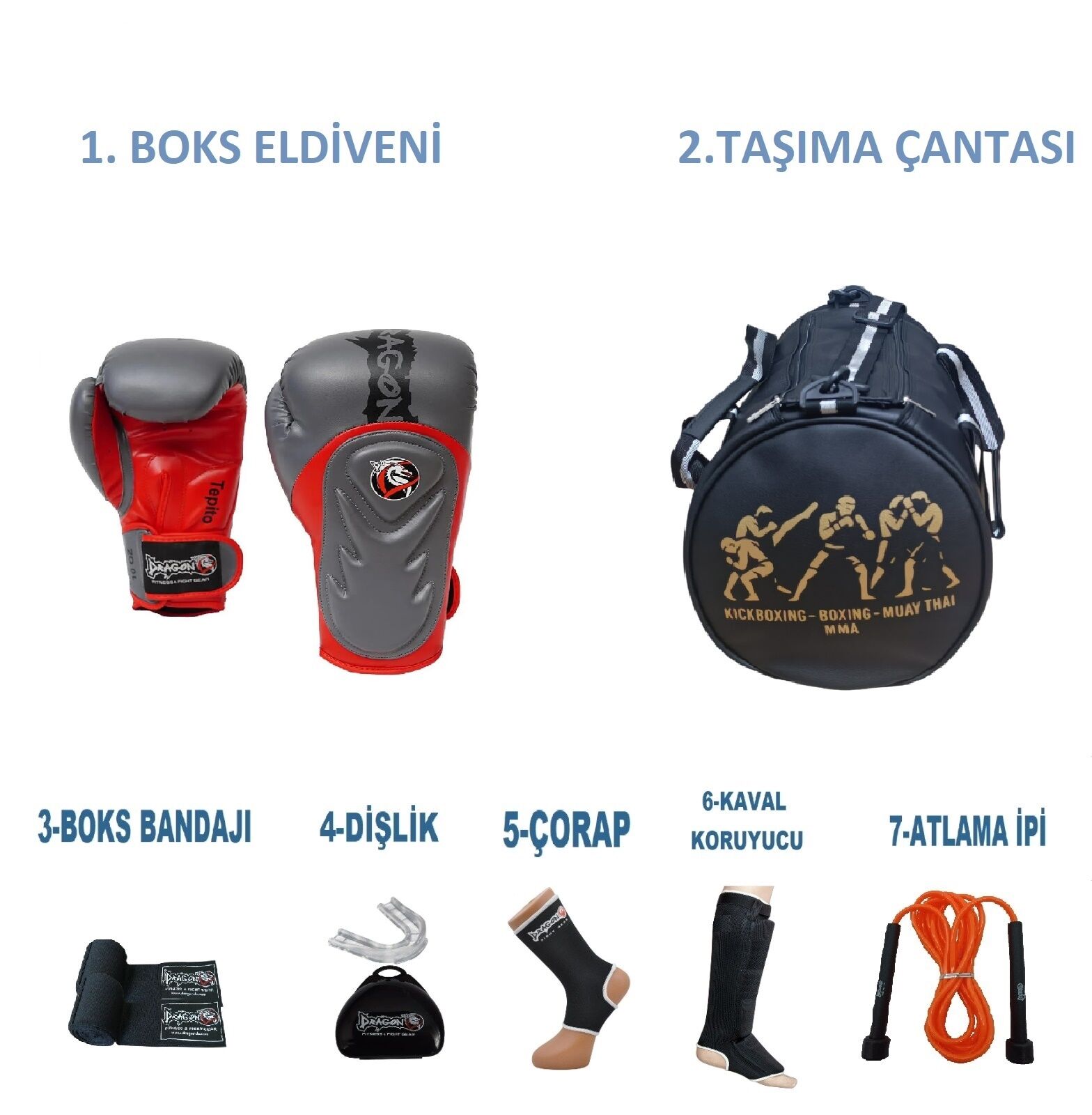 Dragon Kıck Boks Sporcu Çantalı antrenman Seti Boxing, Dragon Tepito Boks Eldiveni ve Ekipmanı Gri Kırmızı