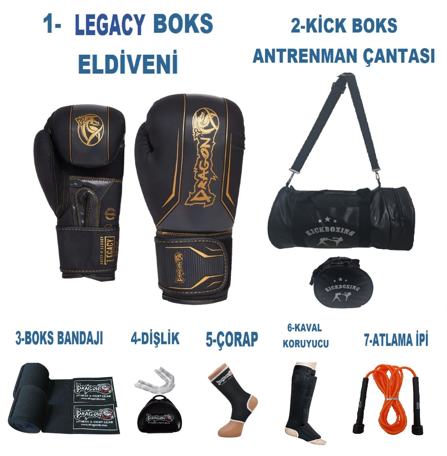 Dragon Kıck Boks Sporcu Çantalı antrenman Seti Boxing, Dragon Legacy Boks Eldiveni ve Ekipmanı siyah
