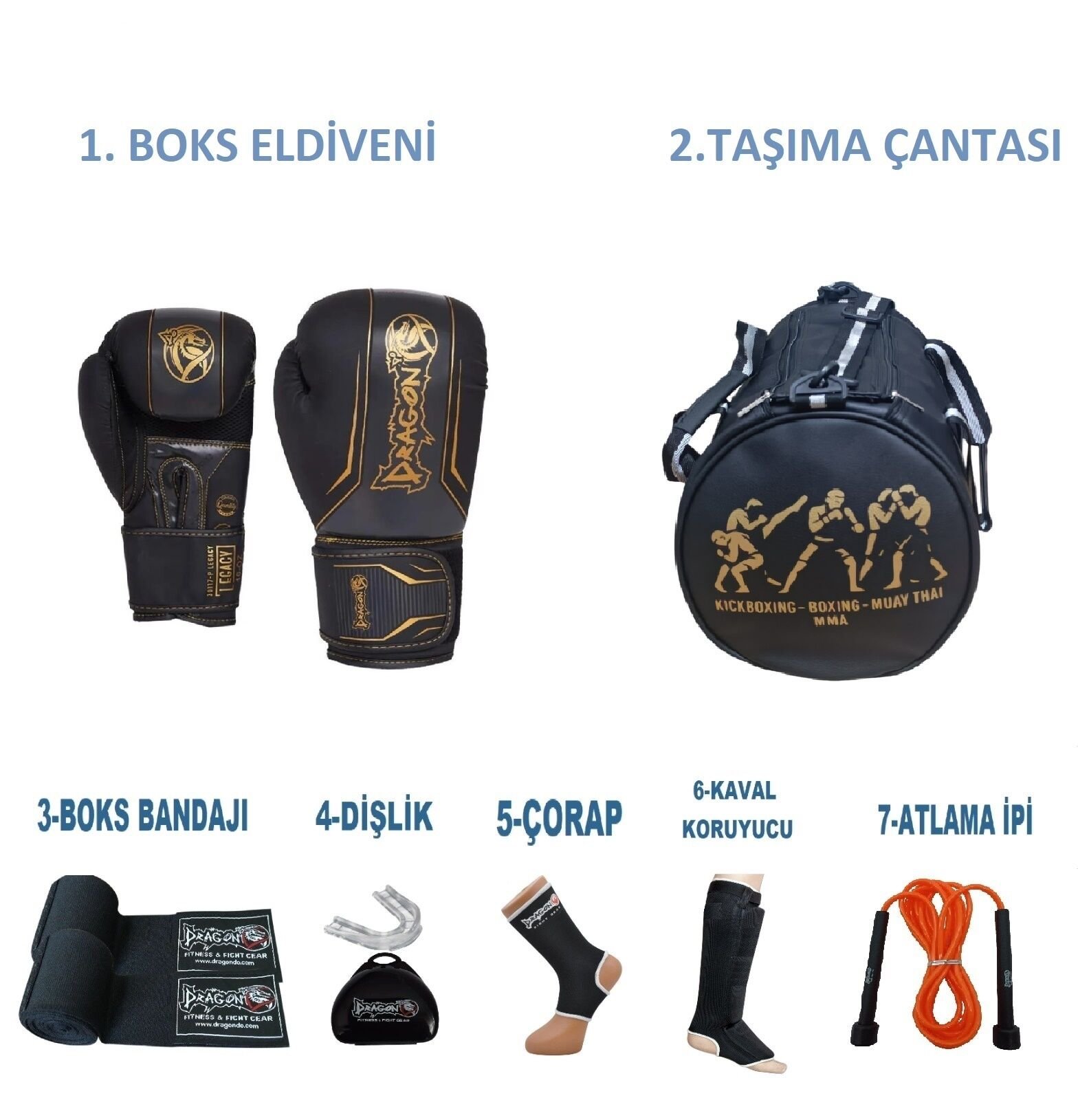 Dragon Kıck Boks Sporcu Çantalı antrenman Seti Boxing, Dragon Legacy Boks Eldiveni ve Ekipmanı siyah
