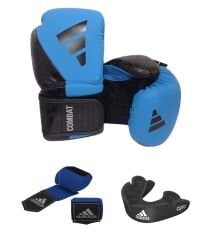 Adidas Combat 50 ADİC50TG Boks Kıck Boks Muay Thai Eldiveni Adidas Bandajlı ve Dişlikli 3'lü set Gloves mavi